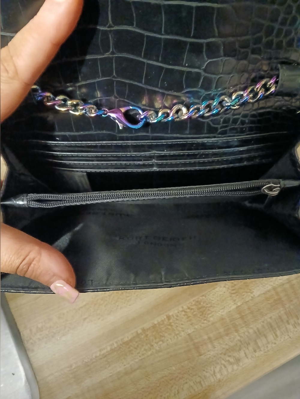 Kurt Geiger Black Croc Embossed Clutch or Crossbody with Multicolor Chain - Picture 9 of 9